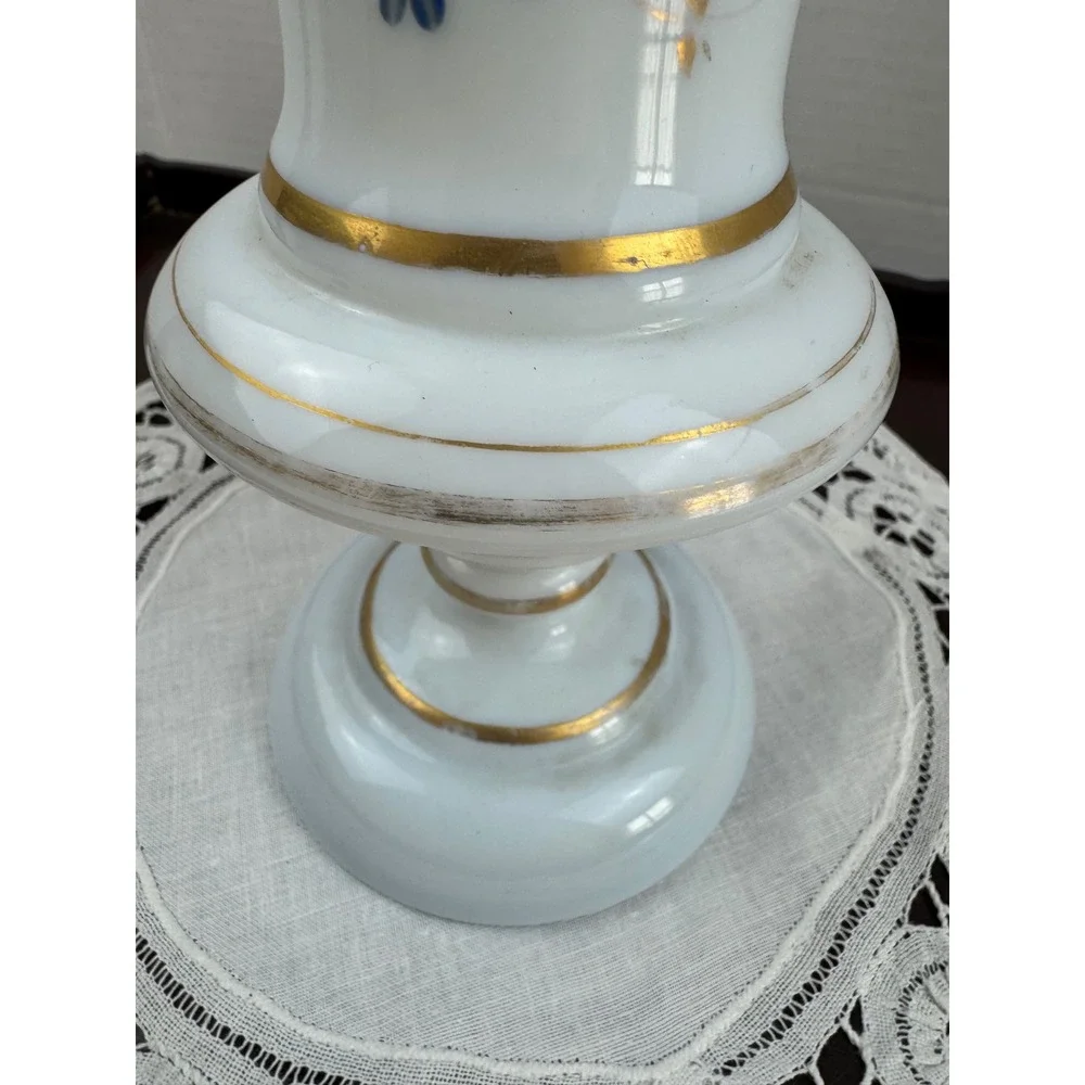 Antique 19thC Bohemian French Opaline Milk Glass Footed Vase Hand Painted Floral